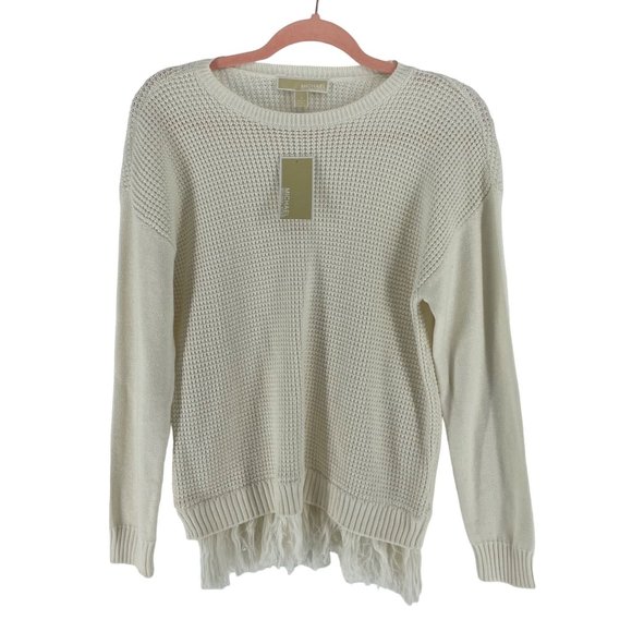 NWT Michael Kors Women’s Size Small Cream Crew Neck Sweater W/ Fringe Hem - Picture 1 of 5